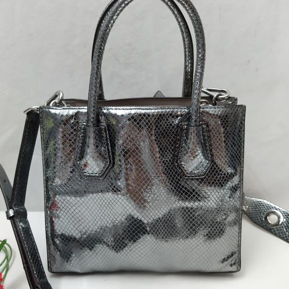 MICHAEL KORS Mercer Metallic Gray Leather Snakeskin Embossed Crossbody Bag - Picture 3 of 16